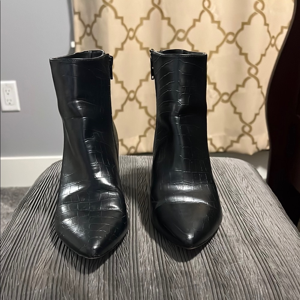 Black Croc-Embossed Ankle Boots